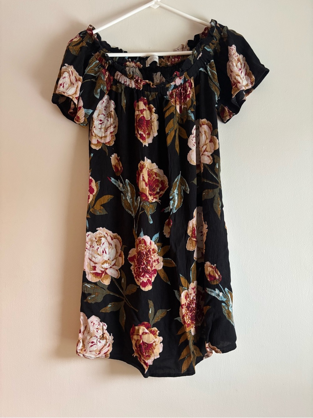 Altar'd State Black Floral Off-Shoulder Dress with Pink & Burgundy Blooms
